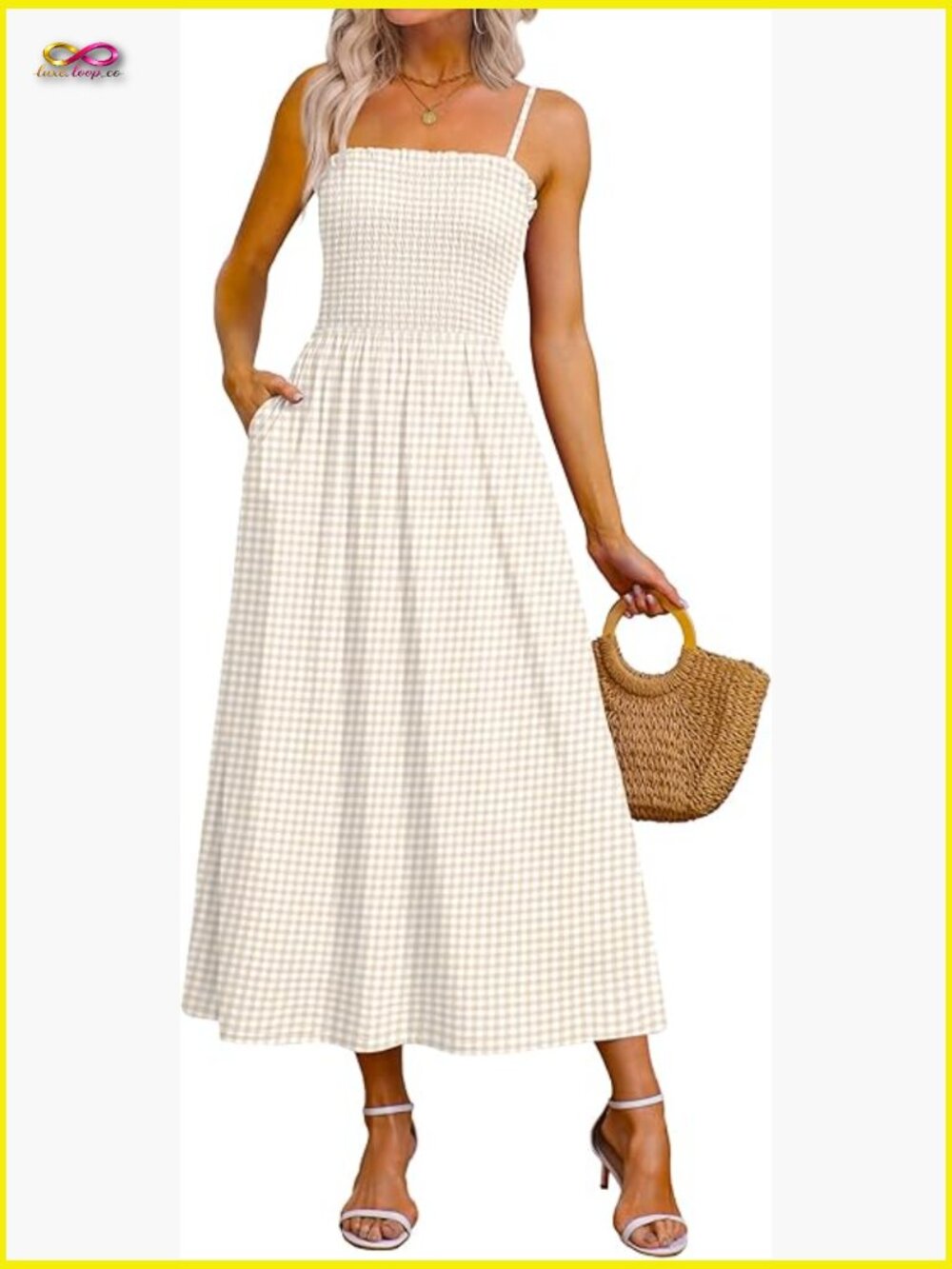 Spaghetti Strap Maxi Dress Smocked with Pockets Boho Beach Casual Long Sundress